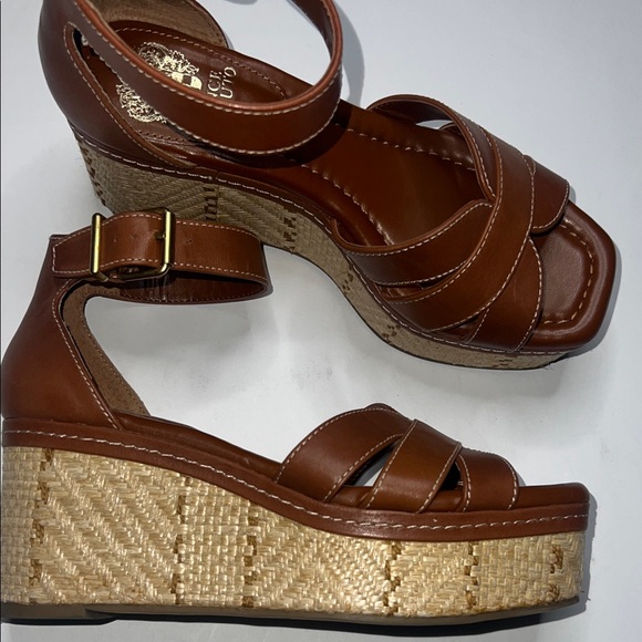 Vince Camuto Brown Leather Wedge Sandals - Picture 4 of 12